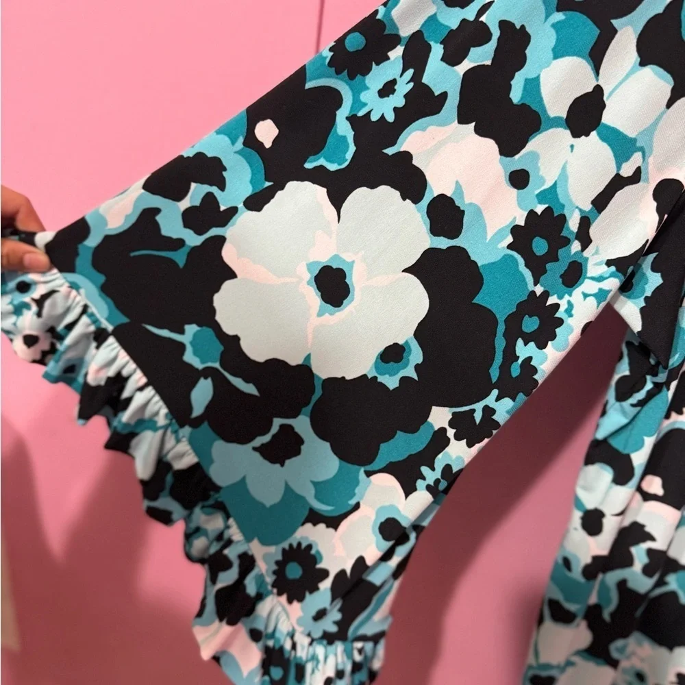 Michael Kors Blue and Black Floral Long Sleeve Dress